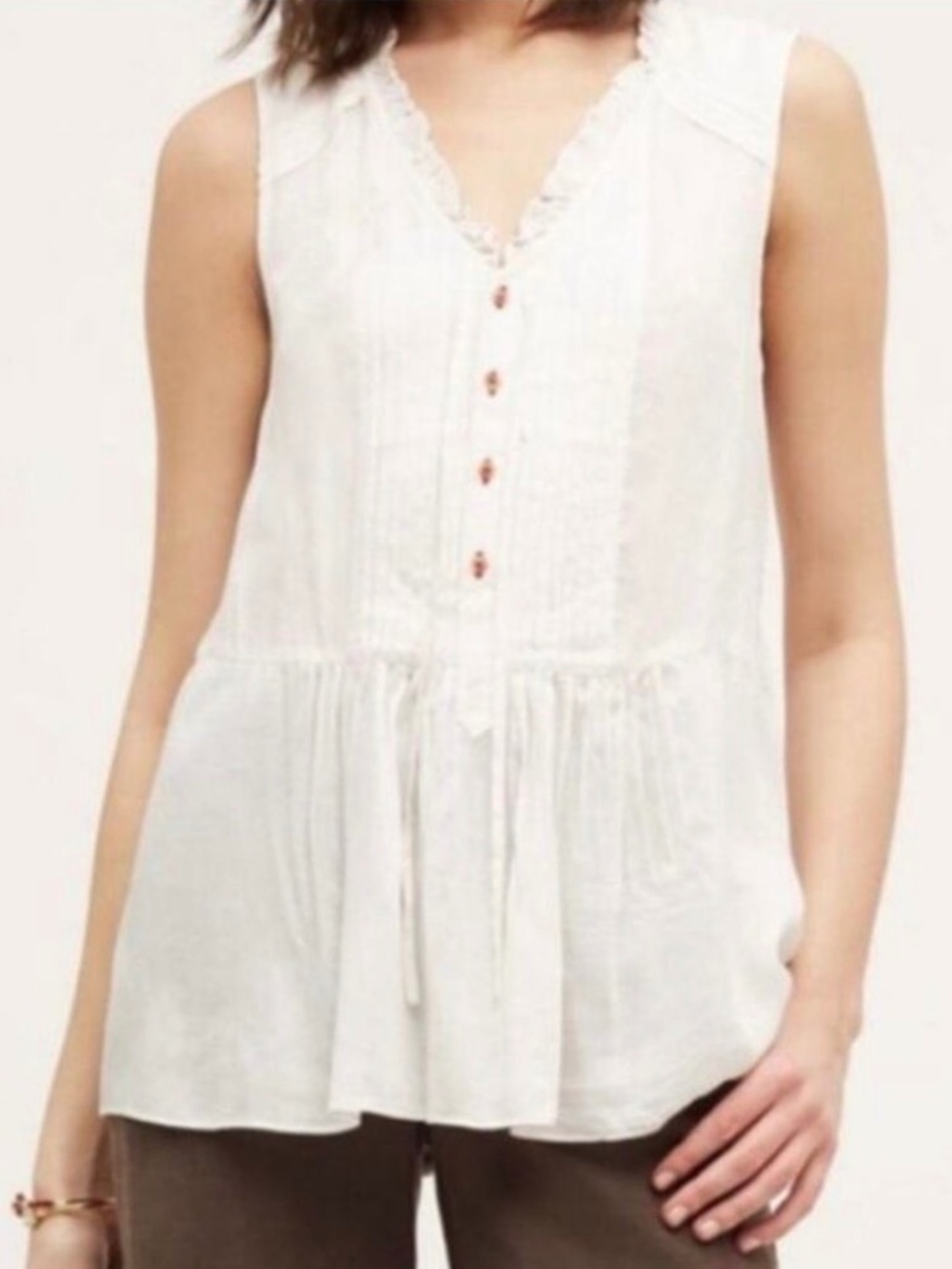 Anthropologie Holding Horses Ivory Sleeveless Ruffle Pintuck Peplum Blouse SZ 6